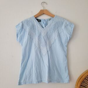 Vintage Cabin Creek 100% Cotton Baby Blue Blouse Embroidered Small